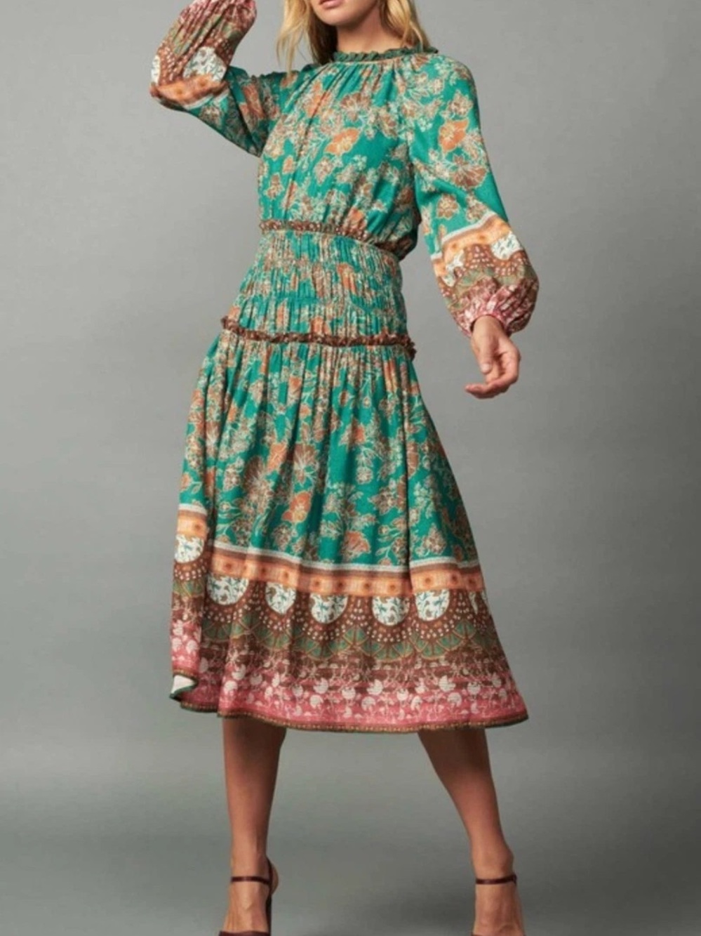 Current Air Teal and Rust Floral Dress with Smocked Neckline
